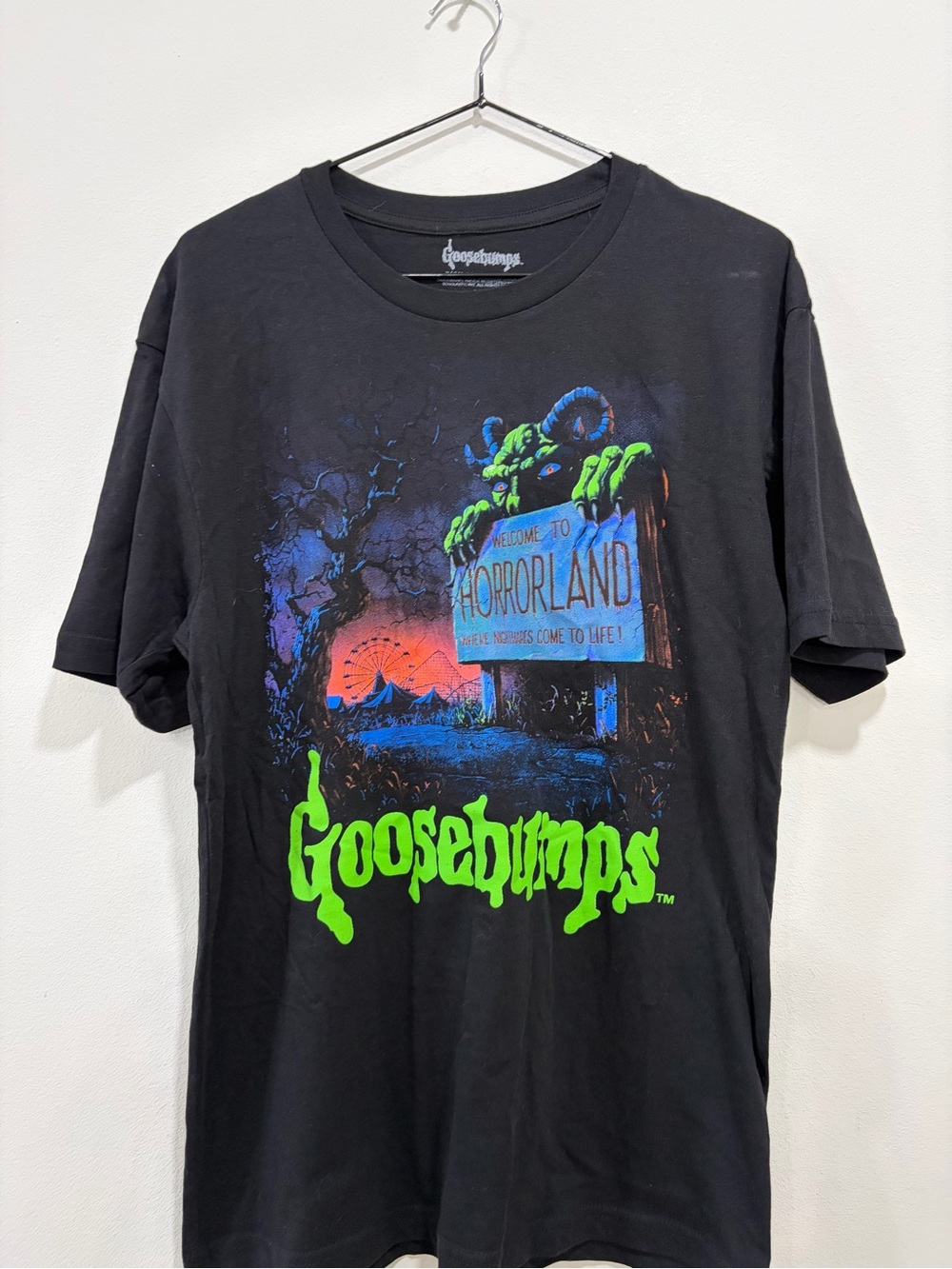 Scholastic Goosebumps Horrorland Black Tee with Neon Green Logo